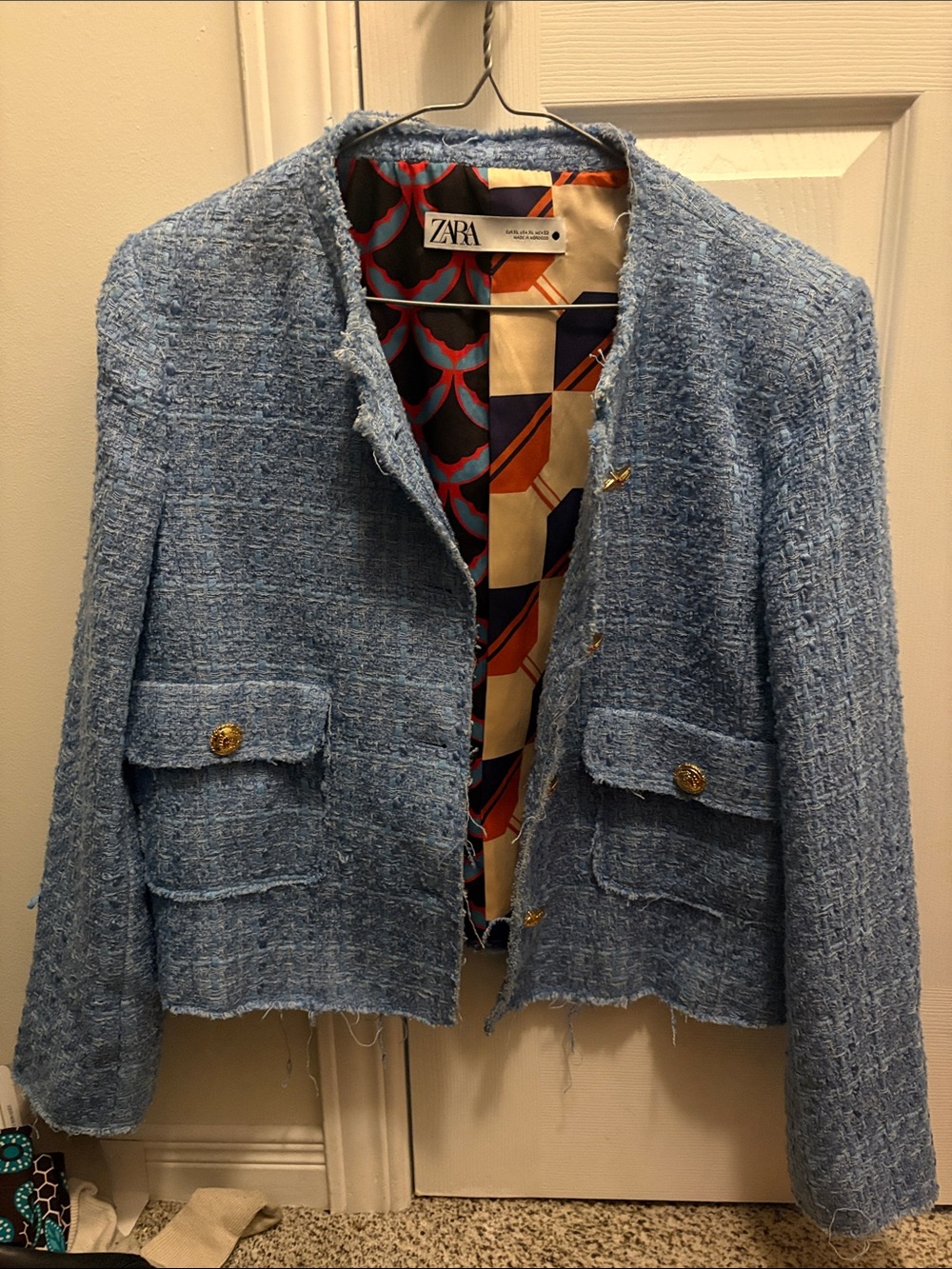 ZARA Pastel Blue Tweed Cropped Blazer with Gold Buttons